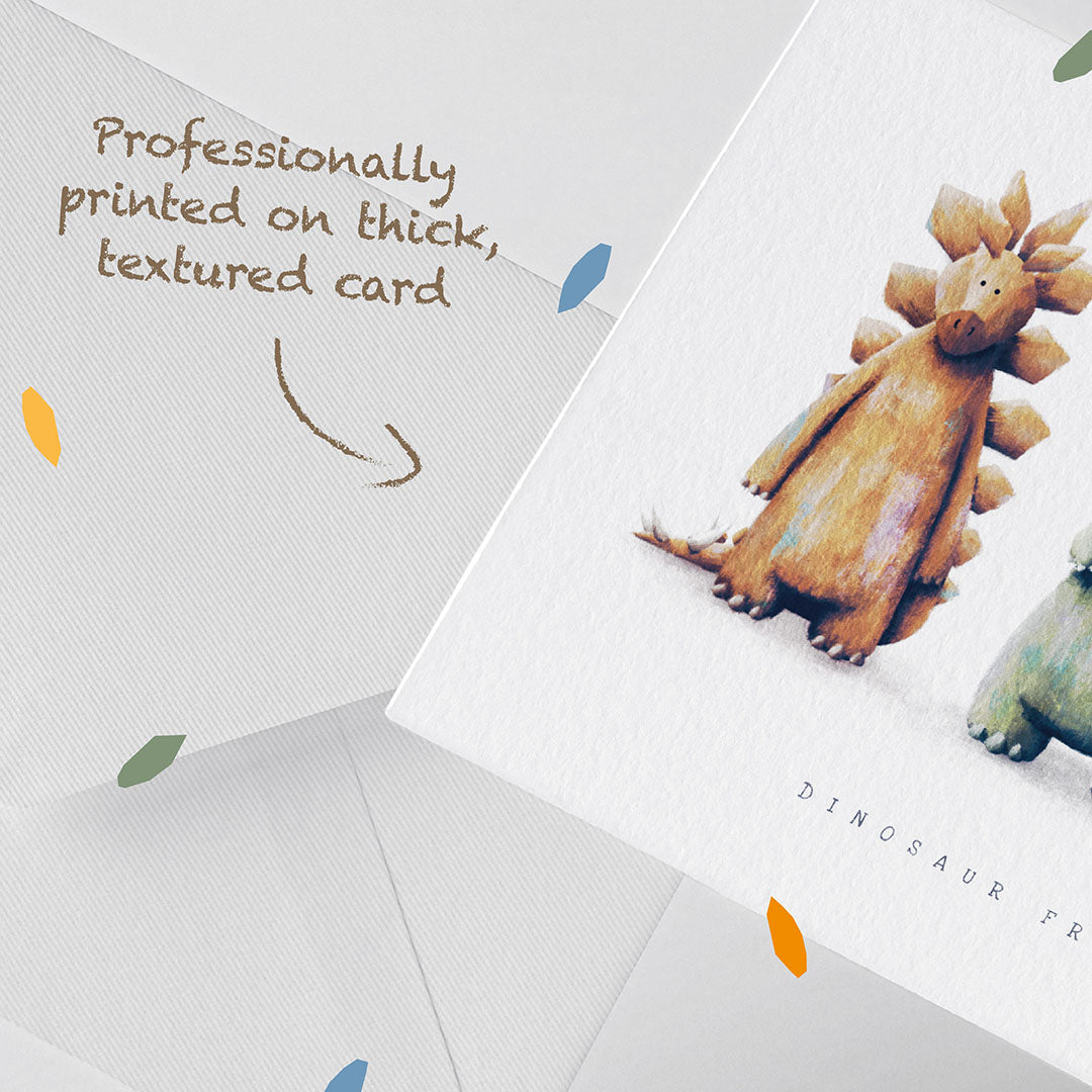 A dinosaur themed Children's Greetings Card printed on thick textured card