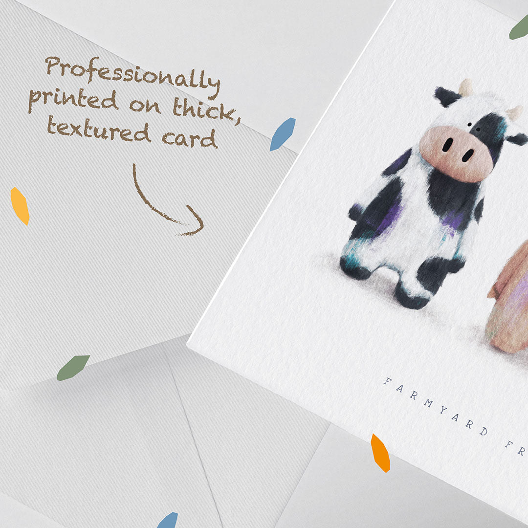 A farmyard themed Children's Greetings Card printed on thick textured card